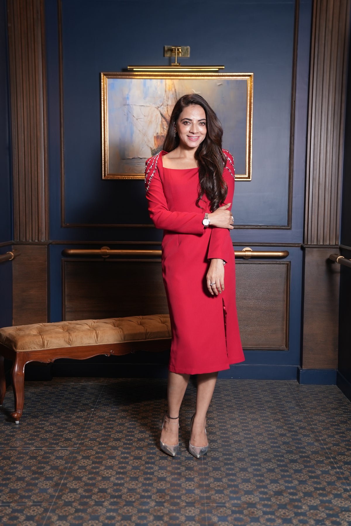 Exude Marina – Red Embellished Midi Dress