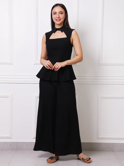 Black Ribbed High-Waist Wide-Leg Palazzo Pants