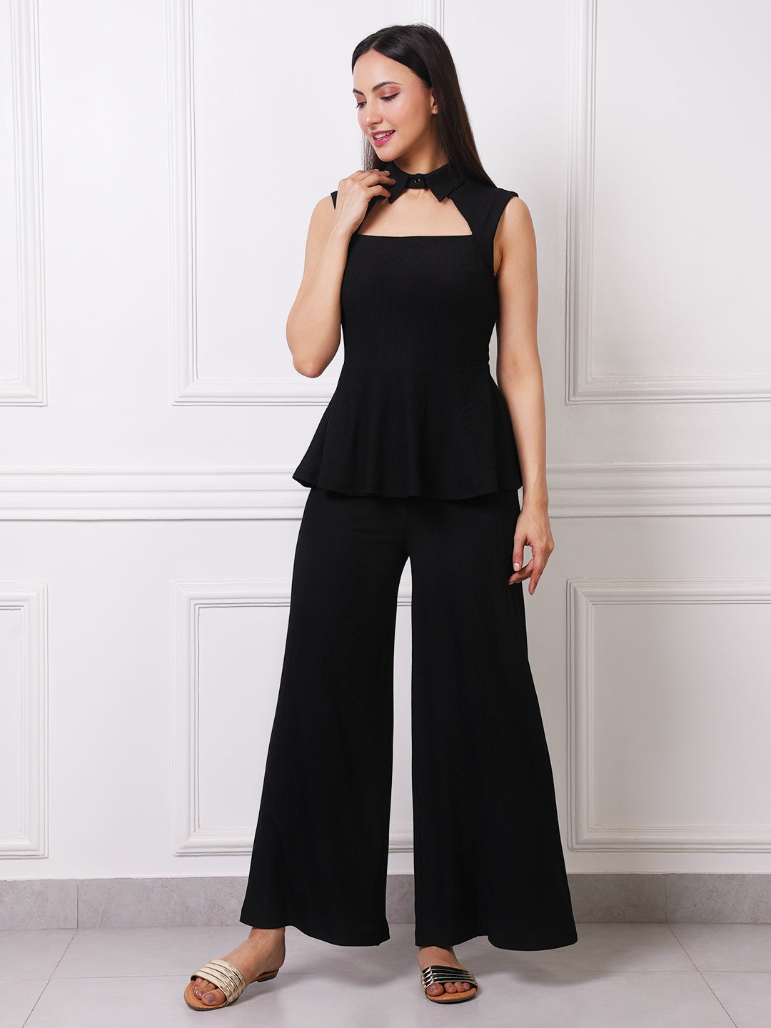 Black Ribbed Peplum Co-ord Set
