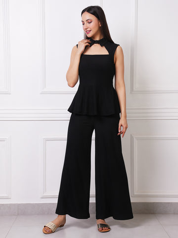 Black Ribbed Peplum Co-ord Set