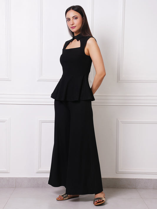 Black Ribbed Peplum Co-ord Set