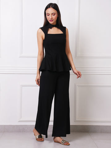 Black Ribbed Peplum Co-ord Set