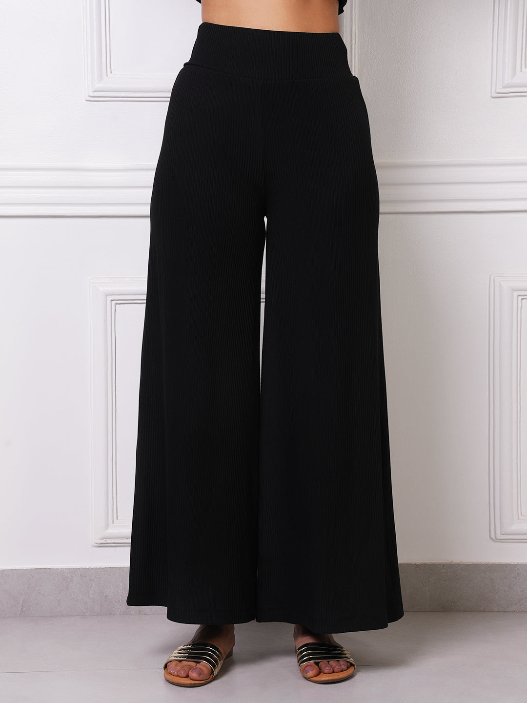 Black Ribbed High-Waist Wide-Leg Palazzo Pants