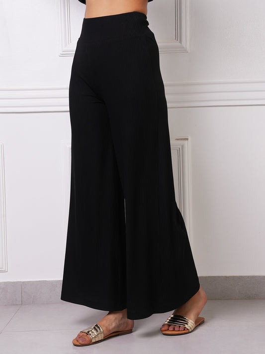 Black Ribbed High-Waist Wide-Leg Palazzo Pants