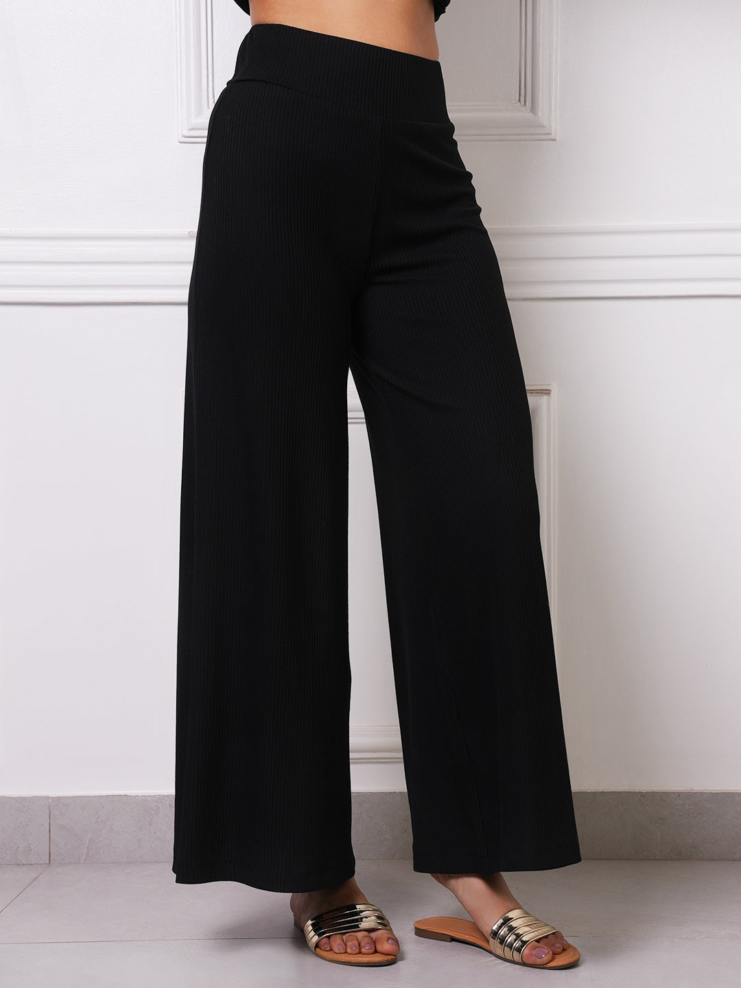 Black Ribbed High-Waist Wide-Leg Palazzo Pants