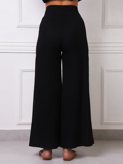 Black Ribbed High-Waist Wide-Leg Palazzo Pants