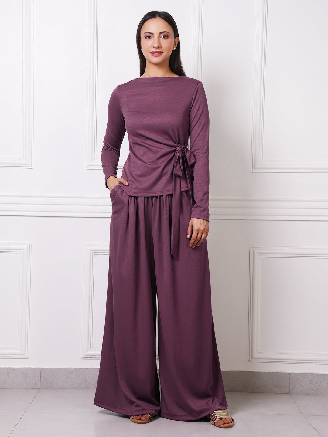 Mauve Ribbed Boat Neck Tie-Waist Top