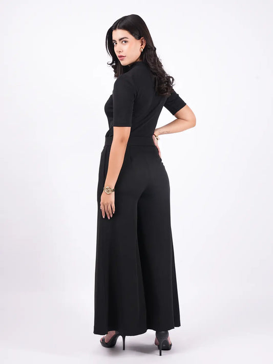 Exude Essential Ribbed Black Top with Wide Leg Trouser