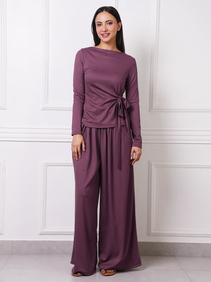 Mauve Ribbed Gathered Wide-Leg Palazzo Pants