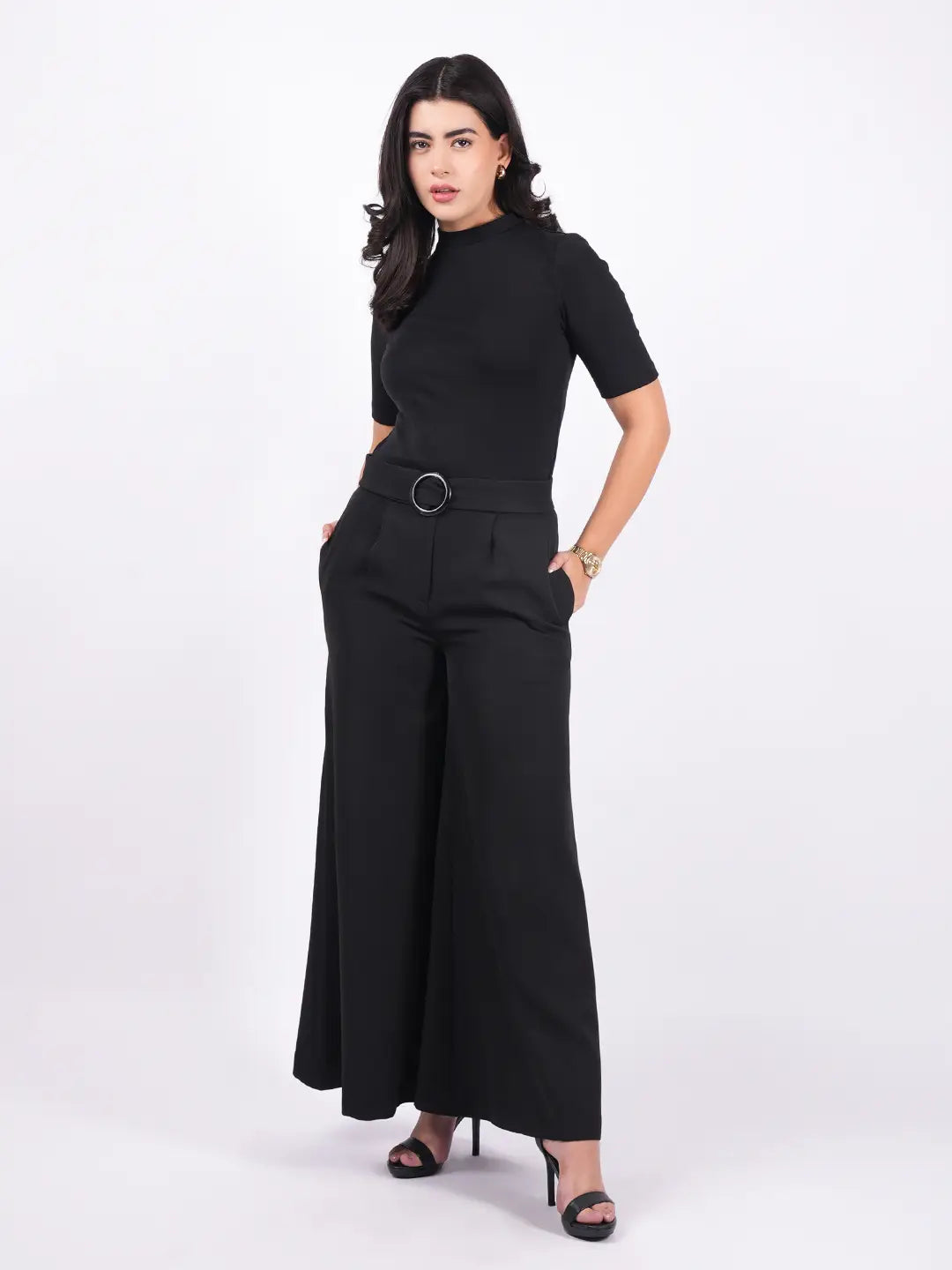 Exude Essential Ribbed Black Top with Wide Leg Trouser Co-ord Sets