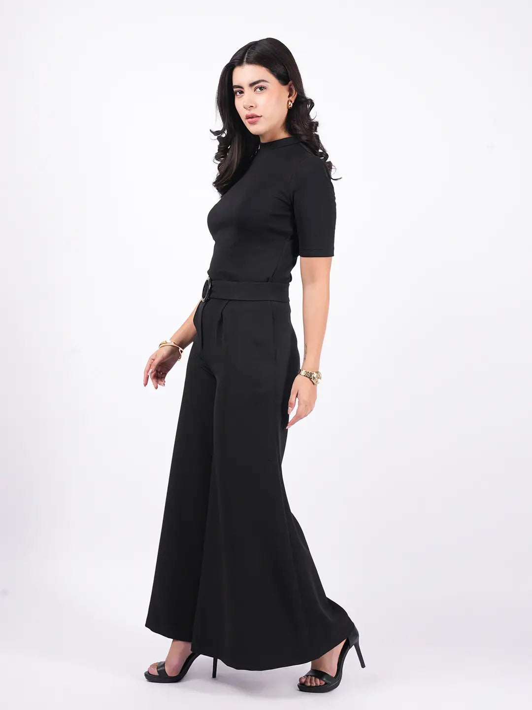 Exude Essential Ribbed Black Top with Wide Leg Trouser Co-ord Sets