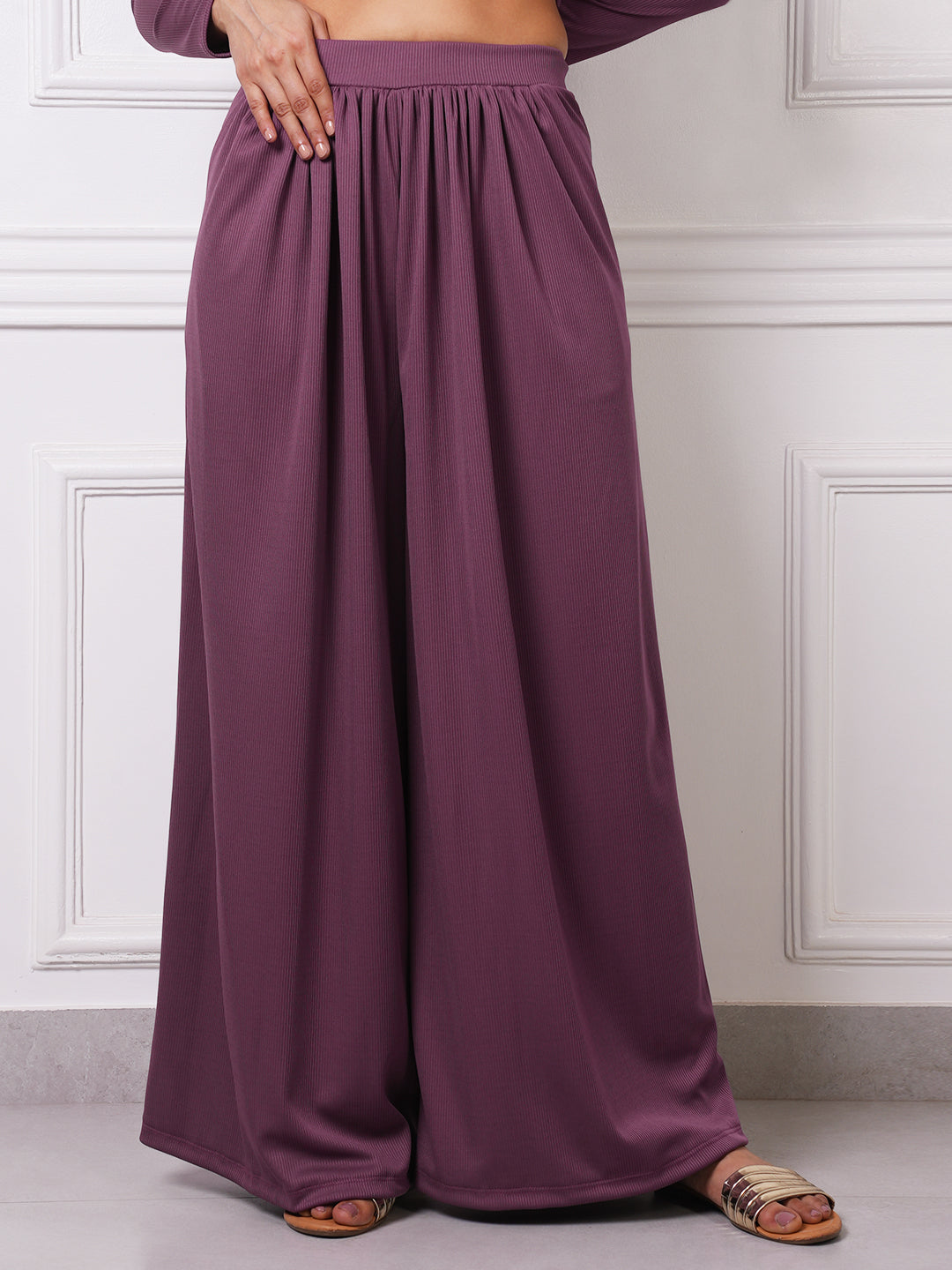 Mauve Ribbed Gathered Wide-Leg Palazzo Pants
