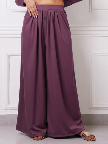 Mauve Ribbed Gathered Wide-Leg Palazzo Pants
