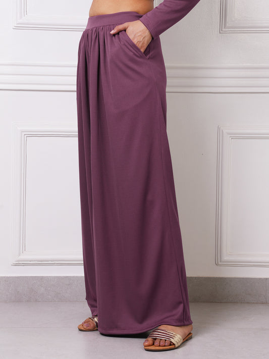 Mauve Ribbed Gathered Wide-Leg Palazzo Pants