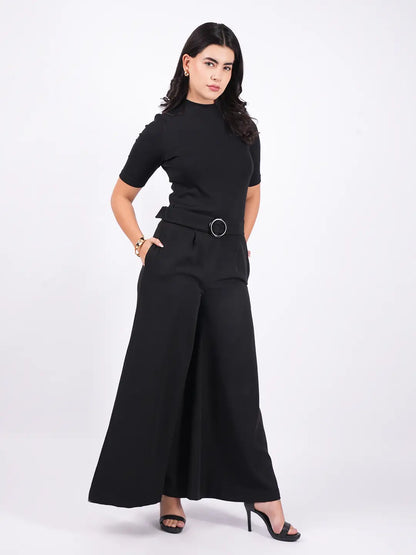 Exude Essential Ribbed Black Top with Wide Leg Trouser Co-ord Sets