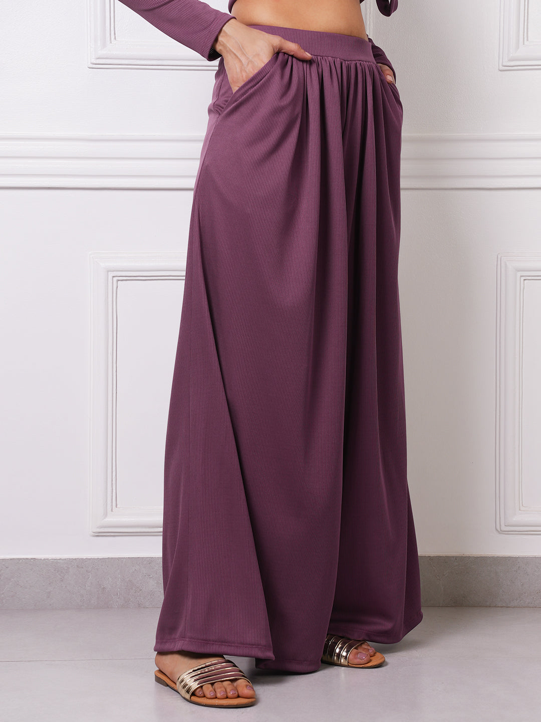 Mauve Ribbed Gathered Wide-Leg Palazzo Pants