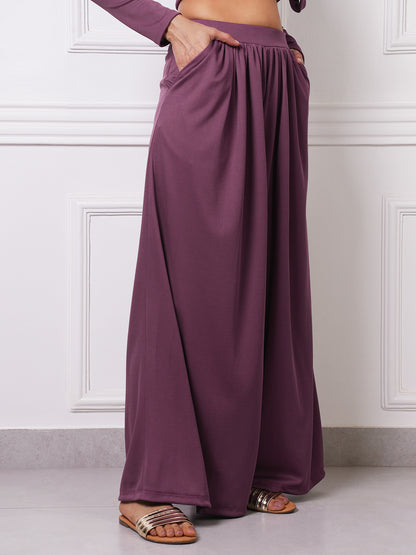 Mauve Ribbed Gathered Wide-Leg Palazzo Pants