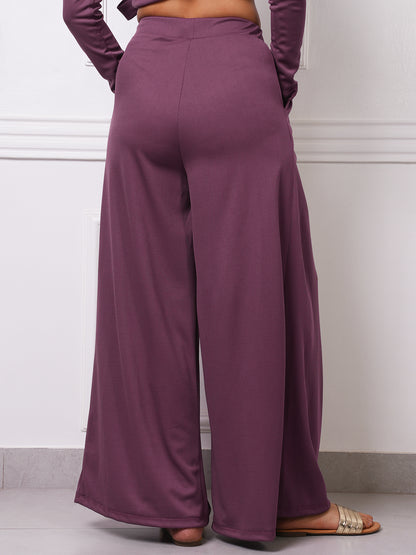 Mauve Ribbed Gathered Wide-Leg Palazzo Pants