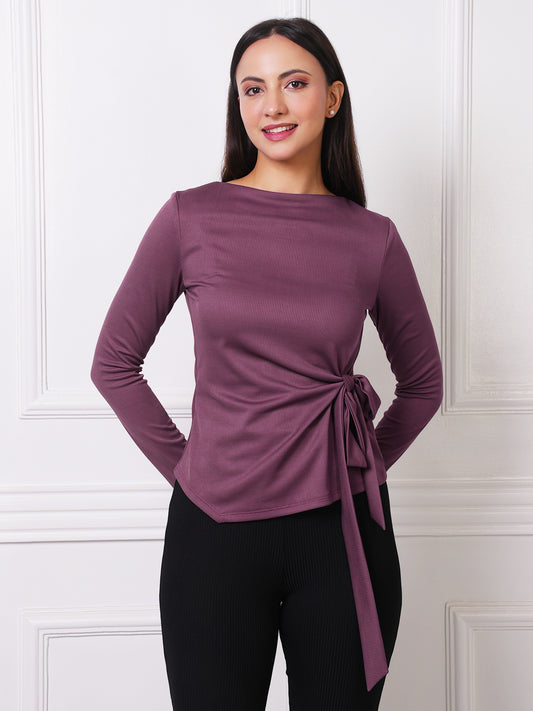 Mauve Ribbed Boat Neck Tie-Waist Top