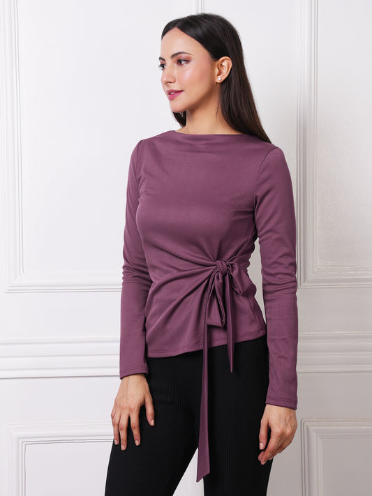 Mauve Ribbed Boat Neck Tie-Waist Top