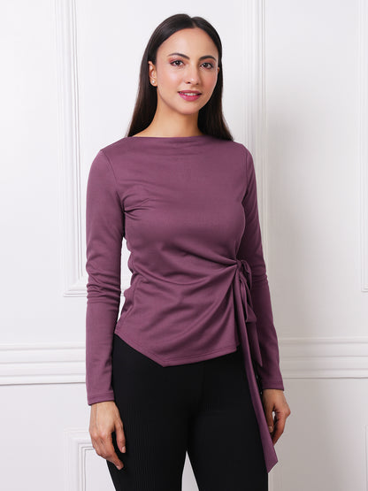 Mauve Ribbed Boat Neck Tie-Waist Top