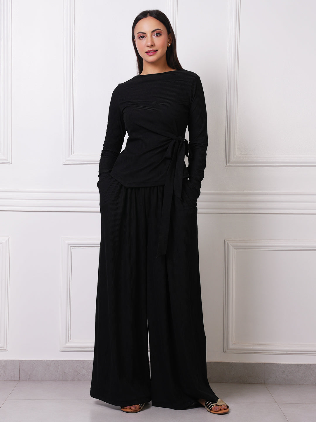 Black Ribbed Boat Neck Tie-Waist Co-ord Set