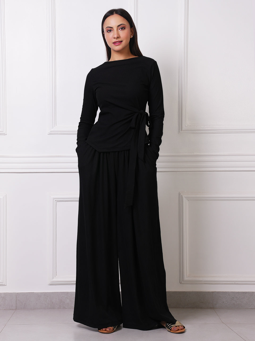 Black Ribbed Boat Neck Tie-Waist Top