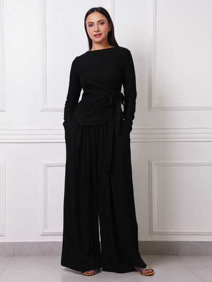 Black Ribbed Boat Neck Tie-Waist Top