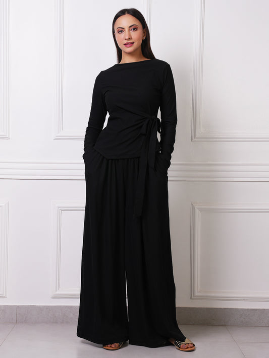 Black Ribbed Boat Neck Tie-Waist Co-ord Set