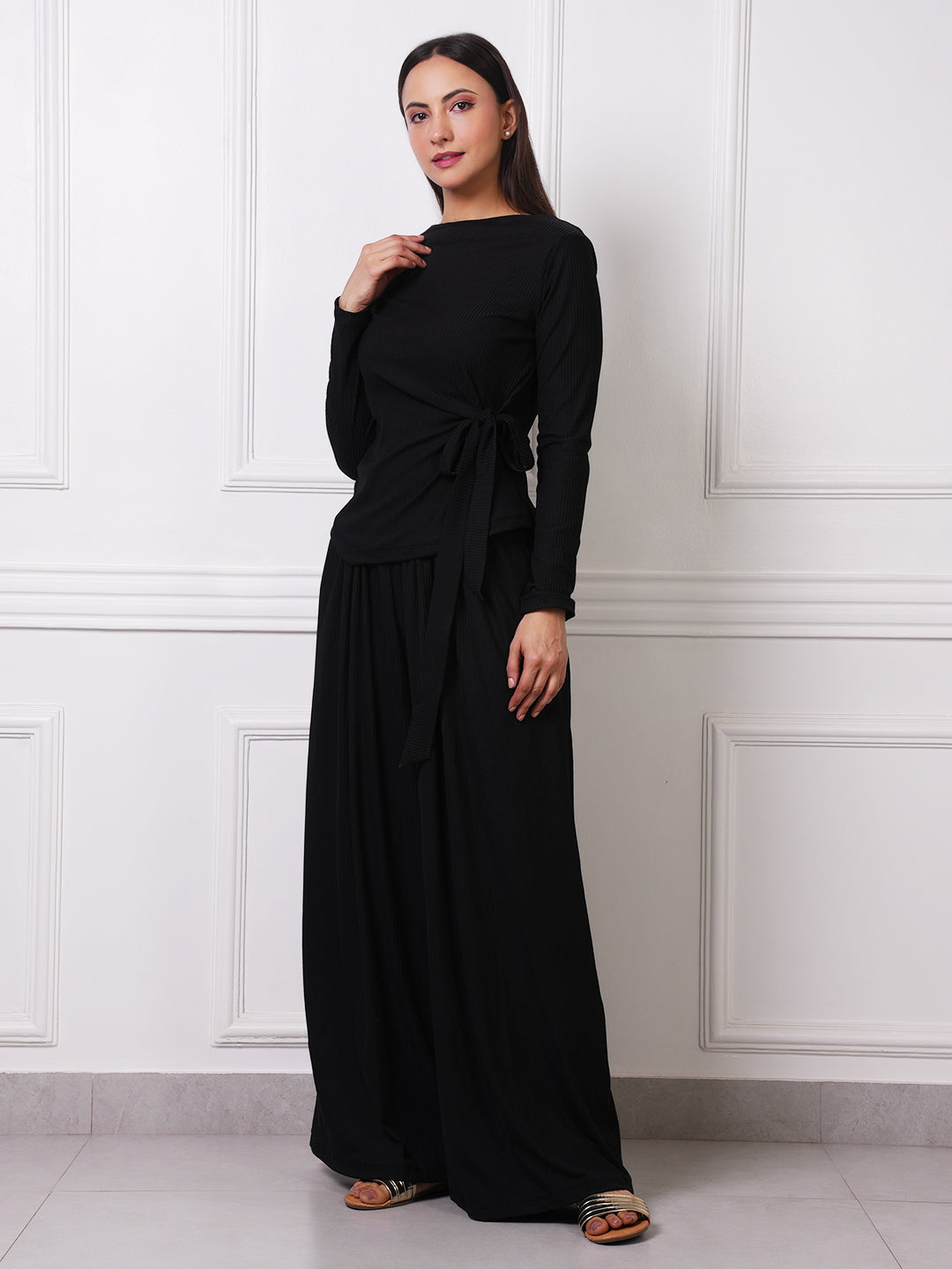Black Ribbed Boat Neck Tie-Waist Co-ord Set