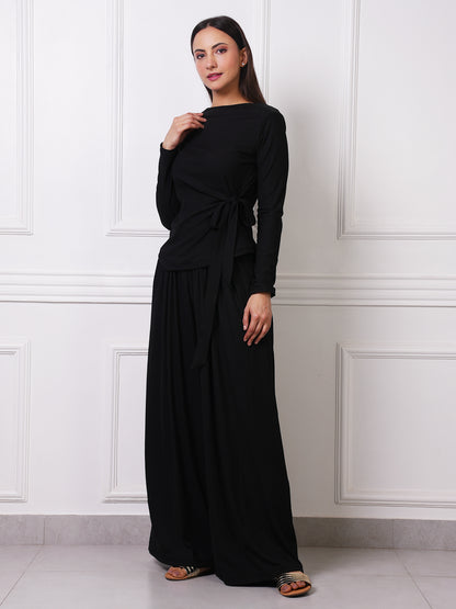Black Ribbed Boat Neck Tie-Waist Co-ord Set