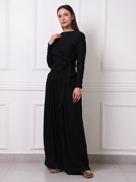 Black Ribbed Gathered Wide-Leg Palazzo Pants