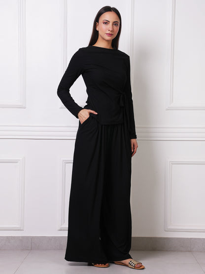 Black Ribbed Boat Neck Tie-Waist Co-ord Set