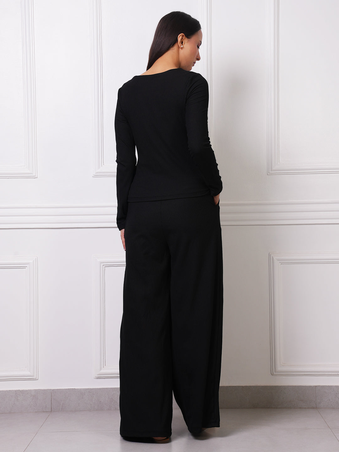 Black Ribbed Boat Neck Tie-Waist Co-ord Set