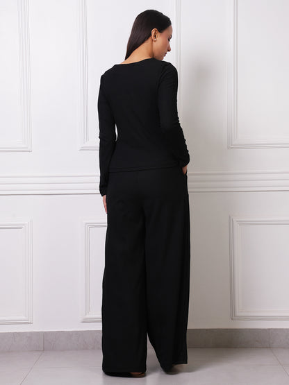 Black Ribbed Boat Neck Tie-Waist Co-ord Set