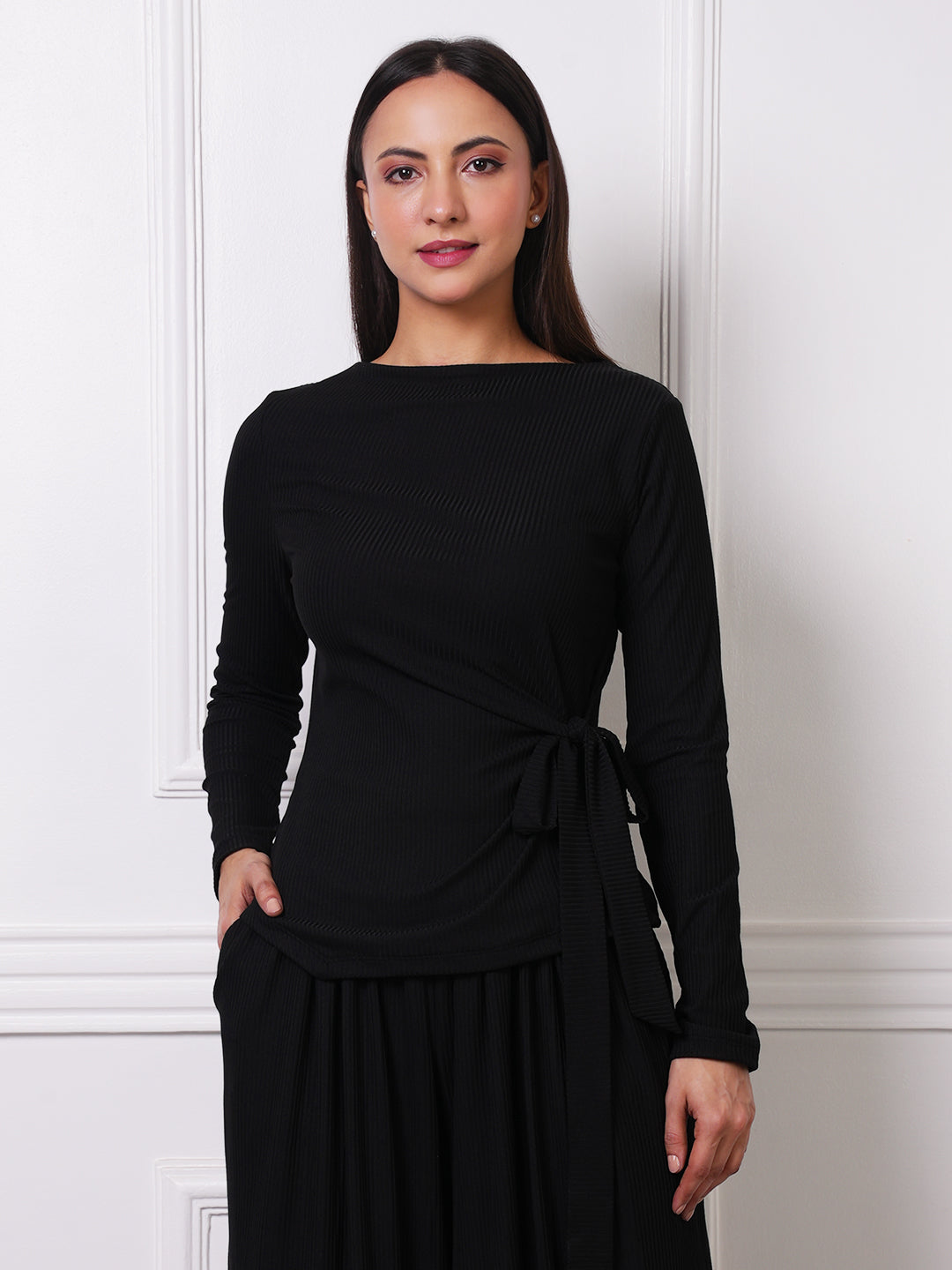 Black Ribbed Boat Neck Tie-Waist Co-ord Set