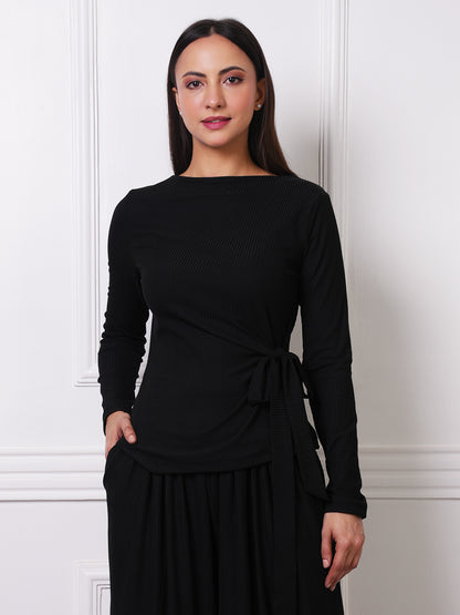 Black Ribbed Boat Neck Tie-Waist Co-ord Set