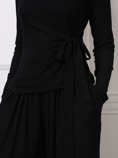 Black Ribbed Boat Neck Tie-Waist Co-ord Set