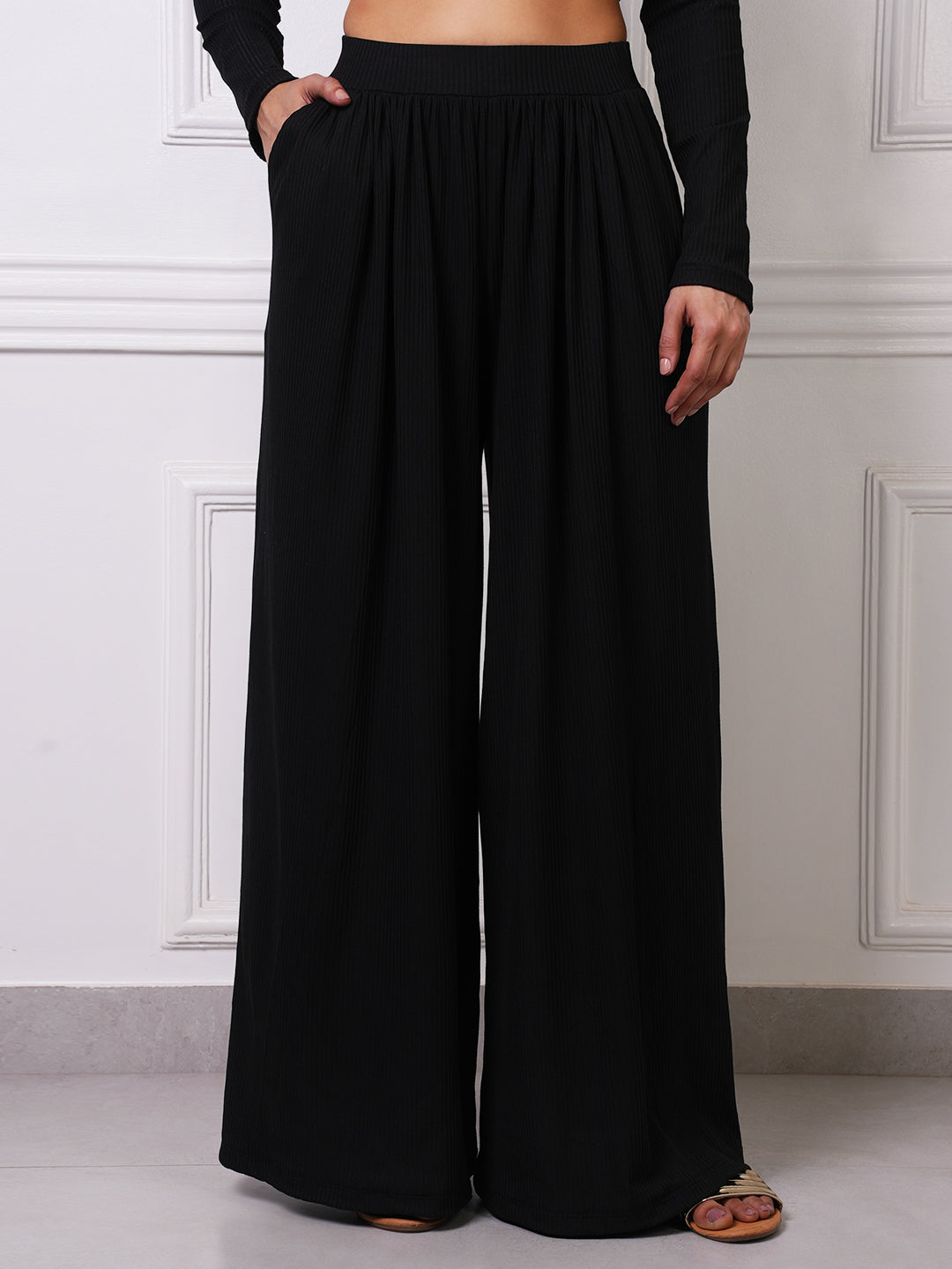 Black Ribbed Gathered Wide-Leg Palazzo Pants