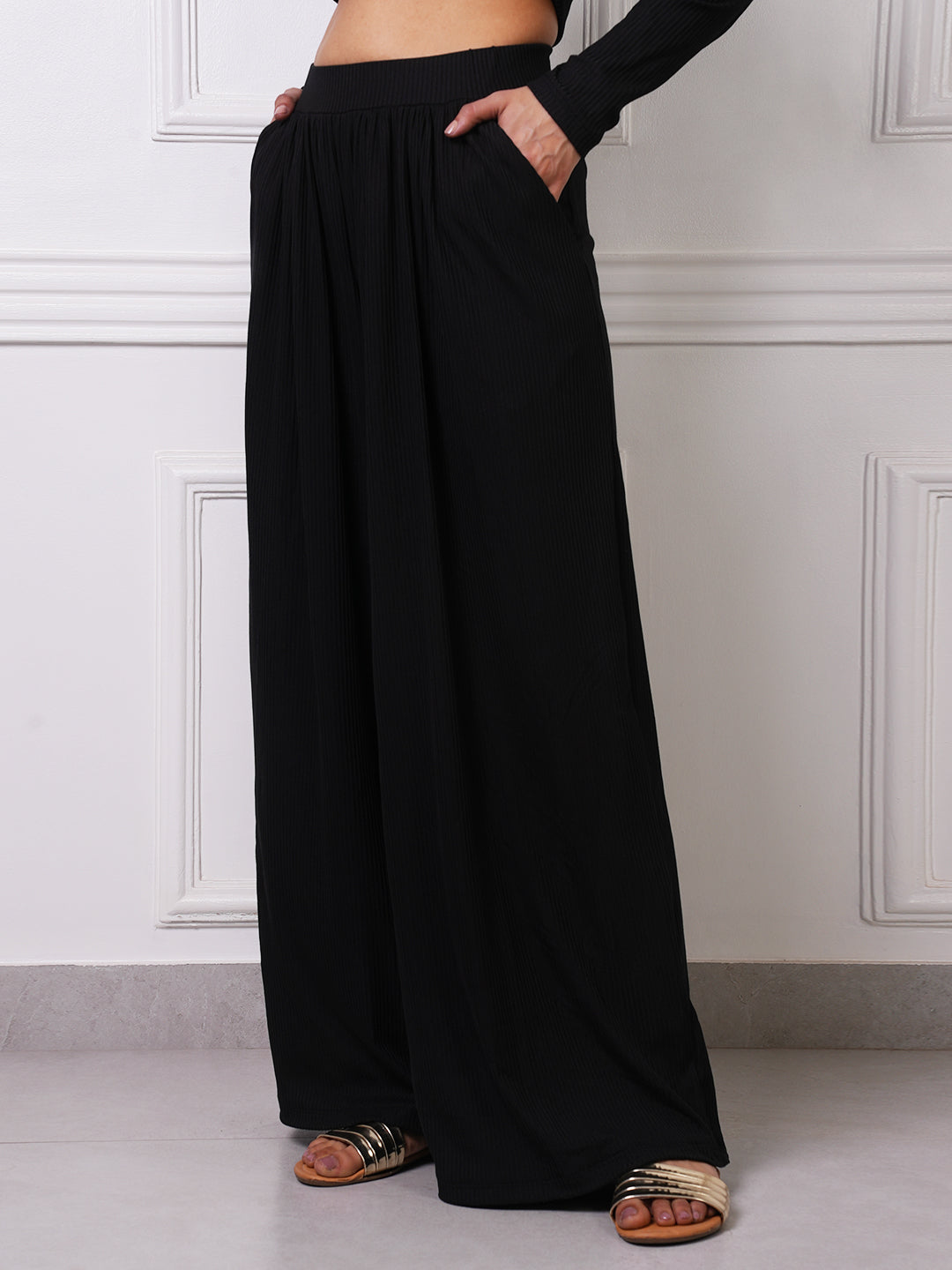 Black Ribbed Gathered Wide-Leg Palazzo Pants