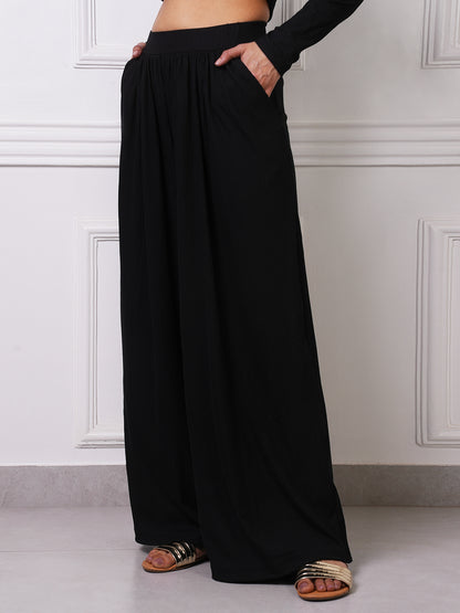 Black Ribbed Gathered Wide-Leg Palazzo Pants