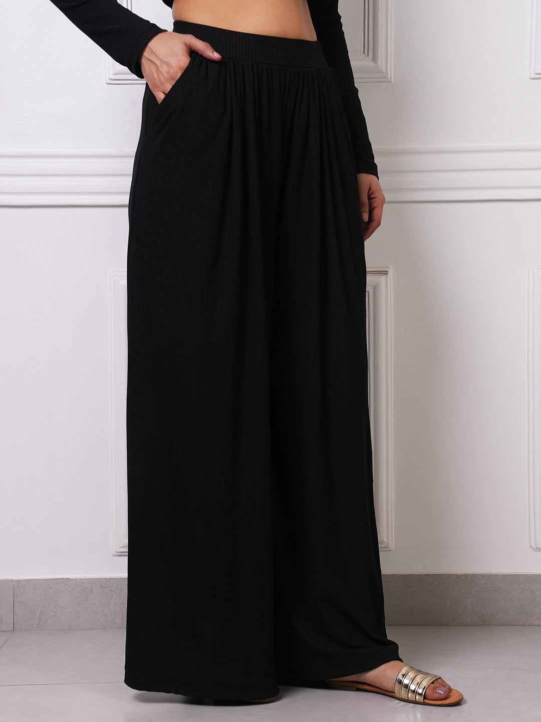 Black Ribbed Gathered Wide-Leg Palazzo Pants
