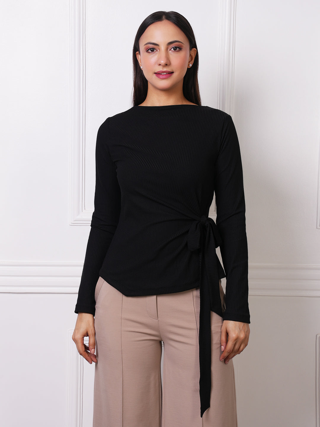 Black Ribbed Boat Neck Tie-Waist Top