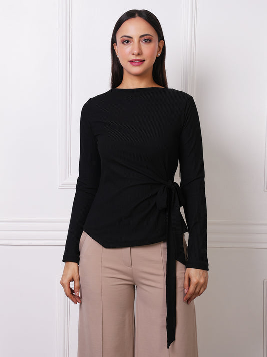 Black Ribbed Boat Neck Tie-Waist Top