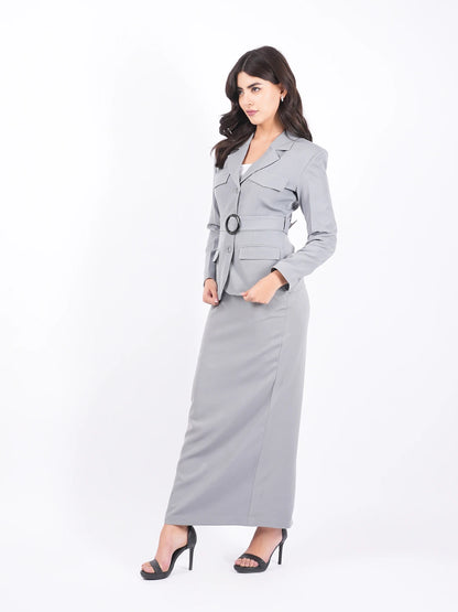 Exude Silver Icon Belted Blazer Skirt Set 
