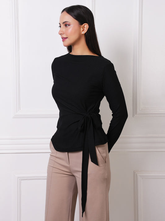 Black Ribbed Boat Neck Tie-Waist Top
