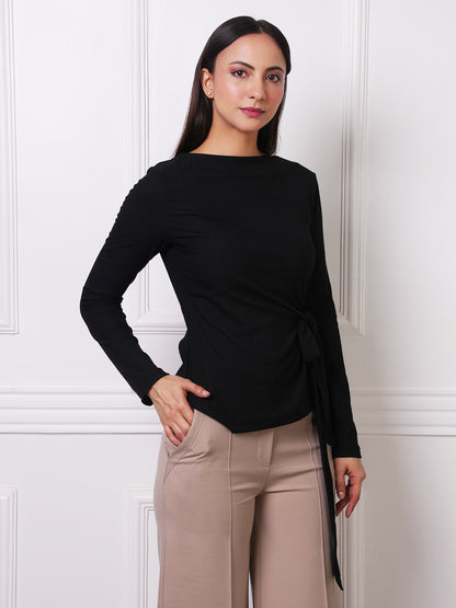 Black Ribbed Boat Neck Tie-Waist Top