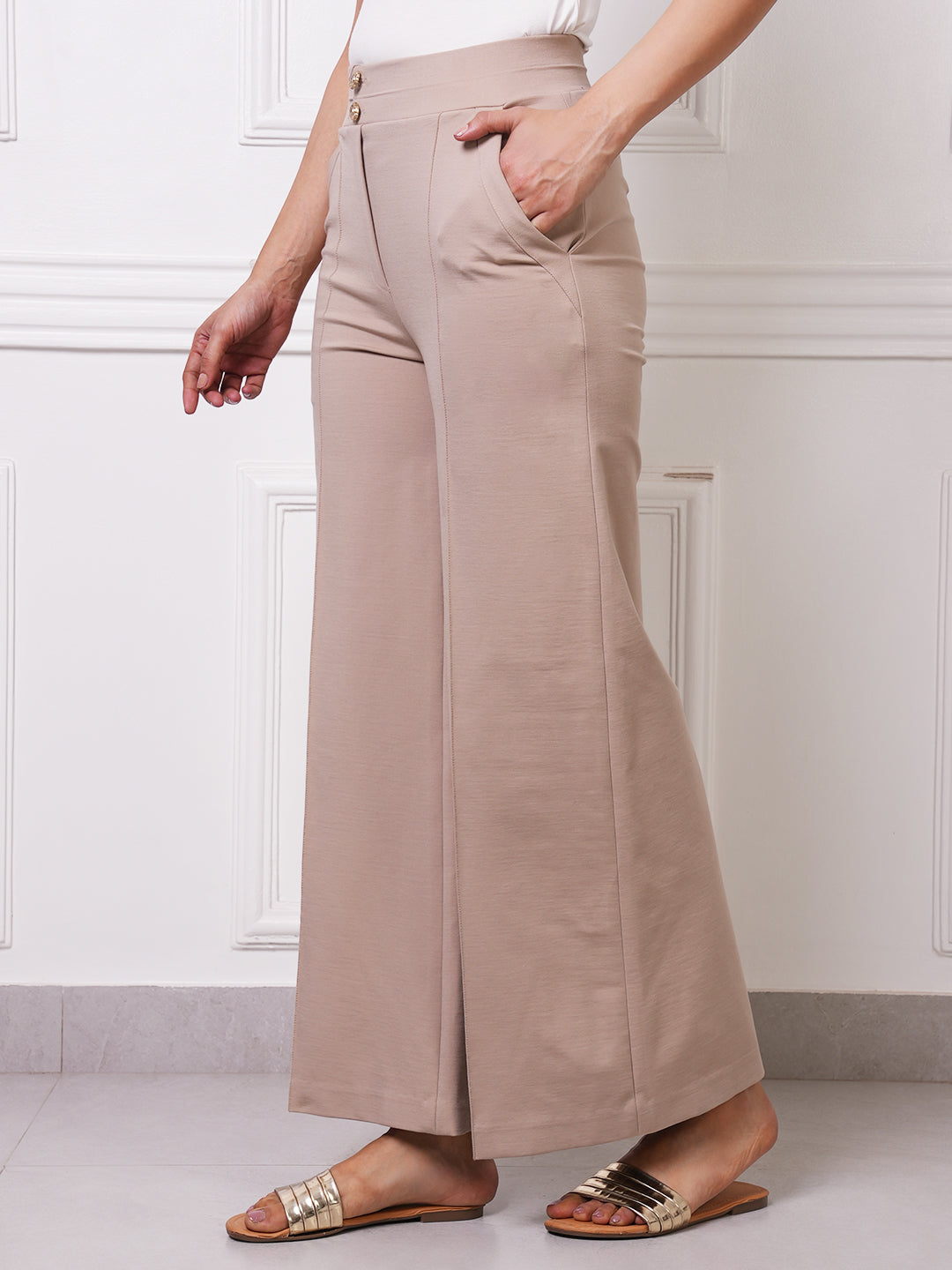 Beige High-Waist Wide-Leg Trousers