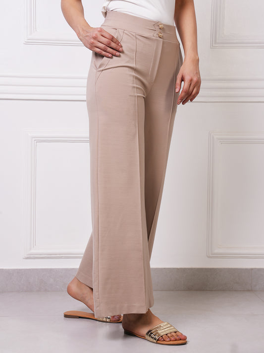 Beige High-Waist Wide-Leg Trousers