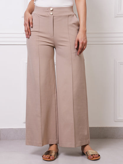 Beige High-Waist Wide-Leg Trousers